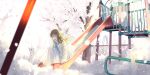  1girl :d absurdres animal blurry blurry_foreground brown_hair cat cherry_blossoms closed_eyes day dress falling_petals happy highres long_hair long_sleeves maeda_mic open_mouth original outdoors park petals playground railing signature sitting slide smile solo spring_(season) tree white_cat white_dress 