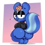 accessory anthro big_butt black_eyes blue_body breasts butt clothing female flower flower_in_hair genitals hair hair_accessory happy_tree_friends heart_symbol hi_res mammal mephitid petunia_(htf) plant pussy short_stack simple_background skunk solo squashortstacks sweater tail thick_thighs topwear