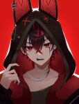  1boy animal_ear_hood bandaged_neck bandages black_hair black_hoodie black_nails black_shirt blood blood_on_bandages cross cross_earrings earrings eyebrow_cut eyebrow_piercing fingernails hair_between_eyes highres hood hoodie jewelry kuro_kurenai long_fingernails long_sleeves looking_at_viewer male_focus multicolored_hair open_mouth patchwork_skin piercing red_background red_eyes red_hair safety_pin shirt short_hair single_earring solo streaked_hair sunshyne3 virtual_youtuber vshojo 