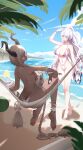  2girls absurdly_long_hair absurdres ankle_strap ass azur_lane beach bespectacled bikini bird blue_sky braid breasts brown_horns butt_crack chinese_commentary choker cleavage cloud cocktail_glass collarbone commentary_request cup dark-skinned_female dark_skin day drinking_glass food food_on_hand fruit full_body glasses gokusaishouku gold hair_between_thighs hair_over_breasts hair_over_one_breast hair_over_one_eye hammock highres holding holding_cup holding_sandals holding_spoon horn_ornament horns jewelry large_breasts large_horns long_hair looking_at_viewer looking_back low-braided_long_hair low-tied_long_hair low_twin_braids manjuu_(azur_lane) multi-strapped_swimsuit multicolored_hair multiple_girls navel official_alternate_costume one-piece_swimsuit outdoors outstretched_arm owari_(azur_lane) owari_(shimmering_forsythia)_(azur_lane) palm_leaf purple-tinted_eyewear purple_bikini purple_choker purple_eyes purple_hair sand sandals scrunchie shadow sitting sky spoon strawberry_parfait streaked_hair summer swimsuit thighlet tinted_eyewear tongue tongue_out twin_braids two-tone_bikini two-tone_hair unworn_sandals unzen_(azur_lane) unzen_(sojourn_through_clear_seas)_(azur_lane) very_long_hair walking water watermelon white_bikini white_bird white_hair white_one-piece_swimsuit wrist_scrunchie 