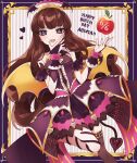  1girl :d ao_(ao0_0nemu) apple bad_id bad_twitter_id blue_eyes border bridal_gauntlets brown_hair character_name commentary_request demon_tail demon_wings dress fake_wings food fruit hand_on_own_face hands_up happy_birthday highres idol_clothes kurosu_aroma long_hair looking_at_viewer open_mouth pretty_series pripara purple_border purple_dress red_apple single_thighhigh smile solo standing standing_on_one_leg tail thighhighs very_long_hair wings 