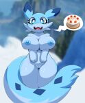 2024 anthro areola big_breasts blue_eyes blue_nipples blurred_background breasts cake chillet deerrobin dessert digital_media_(artwork) eyelashes fangs female food genitals hi_res looking_at_viewer nipples nude open_mouth outside pal_(species) palworld pocketpair pussy solo teeth