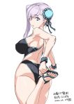  1girl ass back bangs bare_shoulders black_swimsuit blue_eyes blue_swimsuit blush breasts bun_cover dated fate/grand_order fate_(series) hair_bun hair_ribbon highleg highleg_swimsuit highres large_breasts long_hair looking_at_viewer looking_back miyamoto_musashi_(fate) miyamoto_musashi_(swimsuit_berserker)_(fate) one-piece_swimsuit open_mouth pink_hair ponytail ribbon sandals side_bun swept_bangs swimsuit thighs tooya_daisuke two-tone_swimsuit 