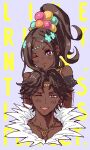  1boy 1girl :3 bright_pupils brother_and_sister brown_eyes circlet commentary cropped_shoulders cropped_torso cross-shaped_pupils dark-skinned_female dark-skinned_male dark_skin english_commentary fire_emblem fire_emblem_engage fogado_(fire_emblem) gold_necklace grey_background high_ponytail highres jewelry medium_hair necklace one_eye_closed open_mouth short_hair siblings simple_background smile symbol-shaped_pupils timerra_(fire_emblem) umi_(_oneinchswing) very_dark_skin white_pupils 