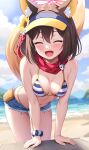  1girl :d ^_^ animal_ear_fluff animal_ears arm_support armpit_crease bare_arms bare_shoulders beach bikini blue_archive blurry blurry_background blush breasts brown_hair cleavage closed_eyes commentary curvy day denim denim_shorts eyeshadow facing_viewer fang feet_out_of_frame flower fox_ears fox_girl fox_tail hair_between_eyes hair_flower hair_ornament happy highres izuna_(blue_archive) izuna_(swimsuit)_(blue_archive) leaning_forward makeup medium_breasts medium_hair micro_shorts midriff navel ocean open_mouth outdoors red_scarf scarf scrunchie shorts sidelighting skin_fang smile solo sonao standing straight_hair striped_bikini striped_clothes sunflower sunflower_hair_ornament sunlight swimsuit tail tail_raised thighs visor_cap wrist_scrunchie 