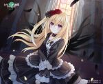  1girl black_dress black_feathers blonde_hair breasts date_a_live date_a_live:_spirit_pledge dress feathers flower frilled_dress frills hair_flower hair_ornament lolita_fashion long_hair long_sleeves mayuri_(date_a_live) medium_breasts official_art pink_eyes smile solo upper_body 