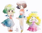  1980s_(style) blonde_hair bob_cut brown_hair cigarette closed_eyes copyright_request english_commentary full_body green_hair height_difference highres leirin nanako_sos retro_artstyle sailor_collar school_uniform smile white_background 