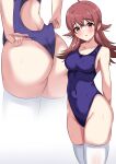  1girl absurdres adjusting_clothes adjusting_swimsuit arms_behind_back ass ass_focus blue_one-piece_swimsuit brown_eyes brown_hair competition_swimsuit covered_navel cropped_legs highleg highleg_swimsuit highres idolmaster idolmaster_shiny_colors itou_souta komiya_kaho long_hair multiple_views one-piece_swimsuit simple_background swimsuit thighhighs white_background white_thighhighs 