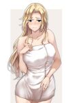  1girl blonde_hair blue_eyes blush breasts closed_mouth collarbone cowboy_shot highres hornet_(kancolle) jewelry kantai_collection kuurunaitsu large_breasts long_hair looking_at_viewer naked_towel ring smile solo standing towel 