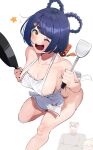  1boy 1girl 1other ;d aether_(genshin_impact) apron bandaid bandaid_on_knee bandaid_on_leg blue_hair breasts cleavage collarbone commentary frying_pan genshin_impact guoba_(genshin_impact) hair_ornament hair_rings hairpin highres holding holding_frying_pan large_breasts looking_at_viewer naked_apron nipple_slip nipples okpriko one_eye_closed short_eyebrows short_hair smile solo_focus standing standing_on_one_leg star_(symbol) symbol-only_commentary teeth thick_eyebrows upper_teeth_only white_background xiangling_(genshin_impact) yellow_eyes 
