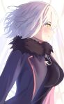  1girl ahoge blush breasts coat fate/grand_order fate_(series) fur_trim hair_between_eyes highres jacket jeanne_d&#039;arc_alter_(fate) jeanne_d&#039;arc_alter_(ver._shinjuku_1999)_(fate) jewelry large_breasts long_sleeves necklace official_alternate_costume open_clothes short_hair smile solo umi_endu white_hair yellow_eyes 