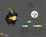 anthro avian beak belly big_belly big_breasts big_butt bird bottomwear breasts butt character_name clothed clothing curvy_figure digital_media_(artwork) english_text feet female hoodie logo makeup model_sheet nfl overweight overweight_anthro overweight_female penguin peppi_(wbu) pittsburgh_steelers pixel_(artwork) short_stack simple_background solo sport tail talons text thick_thighs toes topwear voluptuous voluptuous_anthro voluptuous_female wbu wide_hips