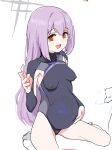  1girl :d atsuko_(blue_archive) blue_archive clearite covered_nipples halo lactation lactation_through_clothes long_hair looking_at_viewer purple_hair red_eyes simple_background smile socks solo white_background white_socks 