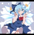 1girl ;d ahoge bangs blue_bow blue_dress blue_eyes blue_hair blush bow bowtie cirno commentary cowboy_shot do_(4-rt) double_v dress eyebrows_visible_through_hair fang fang_out hair_between_eyes hair_bow highres ice ice_wings large_bow letterboxed looking_at_viewer one_eye_closed open_mouth puffy_short_sleeves puffy_sleeves red_bow red_neckwear short_hair short_sleeves simple_background smile solo touhou v v-shaped_eyebrows wings 