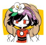  1girl chibi flower hair_flower hair_ornament long_sleeves magnolia mirror moi2m3 purple_hair red_eyes red_shirt romaji_text rope shide shimenawa shirt short_hair simple_background solo touhou upper_body white_background white_shirt yasaka_kanako yellow_background 