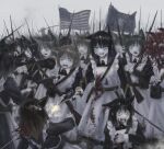  6+girls american_flag animal_ears antique_firearm apron battle bayonet belt_pouch black_dress black_hair blood blood_on_clothes blood_on_face blue_eyes brown_hair clenched_teeth colt_1851_navy death dirty dirty_clothes diu9you dress drooling_blood english_commentary firing flag frilled_apron frills gold_trim green_eyes grey_eyes grey_hair gun guro hand_on_own_chest highres long_hair maid medium_hair military multiple_girls musket open_mouth original pouch revolver saber_(weapon) scared sword teeth thousand_yard_stare weapon weapon_request white_apron wolf_ears wolf_girl yellow_eyes 