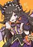  1girl animal_ears bat_wings blush bow bowtie brown_hair claw_pose fangs frilled_hairband frills gloves hair_over_one_eye hairband hand_up highres horse_ears long_hair looking_at_viewer orange_background orange_bow puffy_short_sleeves puffy_sleeves purple_eyes purple_gloves purple_skirt raised_eyebrows rice_shower_(make_up_vampire!)_(umamusume) rice_shower_(umamusume) satomura_kyou shirt short_sleeves skirt solo umamusume upper_body white_shirt wings 