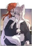  2girls animal_ear_fluff animal_ears black_jacket grey_hair highres hug jacket long_hair multiple_girls original red_hair white_jacket wolf_ears wolf_girl xllb0118 yuri 