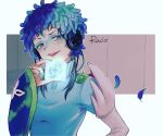  1other androgynous blue_eyes blue_hair cappuccino1 character_name facepaint facial_mark feathers forehead_mark gnosia green_hair headphones highres long_hair long_sleeves looking_at_viewer makeup multicolored_hair other_focus raqio solo streaked_hair tattoo upper_body 