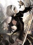  1girl 2b_(nier:automata) ass back_cutout black_blindfold black_dress black_hairband blindfold blurry blurry_background clothing_cutout commentary_request dress glint hairband holding holding_sword holding_weapon medium_hair nier:automata nier_(series) nijihayashi parted_lips pod_(nier:automata) puffy_sleeves sword weapon white_hair 