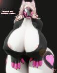 3d_(artwork) 4_fingers absurd_res anthro areola big_breasts black_background blender_(software) blonde_hair bottomless breasts celestine_(fox_gumie) claws cleavage clothed clothing covered_nipples dialogue digital_media_(artwork) ears_up english_text female fingers fur hair heart_symbol hi_res huge_breasts latiospegasus leg_markings lens_flare long_hair looking_at_viewer machine mamagen markings open_mouth partially_clothed pink_fingers protogen protogen_visor shirt shirt_only simple_background smile solo straight_hair text thick_thighs thigh_markings topwear topwear_only visor watermark white_body white_fur