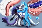 absurd_res animal_genitalia anthro balls bodily_fluids cum cum_drip cum_inside deep_throat dragon dripping duo extreme_french_kiss feathered_dragon feathers french_kissing genital_fluids genitals hand_on_shoulder hi_res holding_partner internal kissing looking_at_another looking_at_partner looking_up male male/male mizuiro_chizu mythological_creature mythological_scalie mythology oral oral_penetration penetration scalie sergal sheath sheath_penetration sheath_play simple_background slit_penetration slit_play syke xingiro