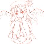  1girl closed_mouth flandre_scarlet full_body hair_between_eyes hat head_tilt highres kochiya_hizuki long_hair looking_at_viewer mob_cap monochrome one_side_up pigeon-toed puffy_short_sleeves puffy_sleeves ribbon-trimmed_headwear ribbon_trim shirt shoes short_sleeves skirt socks solo touhou wings 