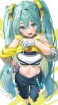  1girl aqua_belt aqua_eyes aqua_hair aqua_nails arm_tattoo black_footwear black_pants bottle bracelet breath clothing_cutout commentary_request crop_top cropped_jacket daidou_(demitasse) fingerless_gloves fingernails fit_boxing_feat._hatsune_miku:_isshoni_exercise fitness_boxing gloves hair_between_eyes hair_ornament hand_on_own_hip hand_up hatsune_miku highres holding holding_bottle hood hooded_jacket jacket jewelry light_blush long_fingernails long_hair looking_at_viewer midriff nail_polish navel number_tattoo official_alternate_costume open_mouth pants perspective plastic_bottle shoes shoulder_cutout smile sneakers solo standing sweat tattoo track_pants twintails very_long_hair vocaloid water_bottle white_gloves yellow_jacket 