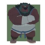 2024 anthro armor bear bertrand_(unicorn_overlord) black_nose black_sclera blue_body blue_fur border bottomwear brown_body brown_bottomwear brown_clothing brown_footwear brown_fur brown_pants brown_shoes clothing crossed_arms facial_scar footwear front_view fur gauntlets gloves green_background handwear looking_at_viewer male mammal musclegut muscular overweight overweight_anthro overweight_male pants peppygrowlithe red_body red_eyes red_fur scar shoes simple_background solo standing unicorn_overlord vanillaware white_border