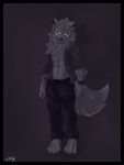 absurd_res anthro black_body black_fur bottomwear canid canine canis clothing fur hi_res jacket looking_at_viewer male mammal pants solo topwear white_eyes wolf