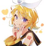  1girl absurdres aqua_hair bare_shoulders blonde_hair blue_eyes bow closed_mouth detached_sleeves from_side hair_bow hair_ornament hairclip hands_on_own_cheeks hands_on_own_face heart highres inubangarou kagamine_rin looking_at_viewer medium_hair number_tattoo portrait sailor_collar simple_background smile solo swept_bangs tattoo upper_body vocaloid white_background wide_sleeves yellow_nails 