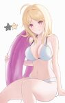  1girl ahoge akamatsu_kaede alternate_costume bikini blonde_hair breasts danganronpa_(series) danganronpa_v3:_killing_harmony highres holding holding_swim_ring keke_(xfxyuio) large_breasts long_hair navel sitting smile solo stomach swim_ring swimsuit white_bikini 