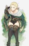  1boy arrow_(projectile) black_thighhighs blonde_hair blue_eyes collarbone commentary_request feet_out_of_frame gloves grey_gloves hair_intakes highres lhinalagos_(unicorn_overlord) looking_at_viewer male_focus notice_lines on_grass ouosoul pointy_ears sitting thighhighs unicorn_overlord 