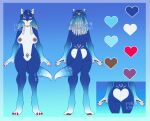 absurd_res anthro blue_body blue_eyes breasts canid canine colored_nails digital_media_(artwork) dreadlocks ear_piercing female fox furkyuu hi_res jewelry looking_at_viewer mammal model_sheet nails nipple_piercing nipples piercing simple_background solo tail