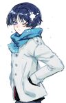  1boy absurdres artist_name blue_hair blue_scarf blunt_ends blush buttons choppy_bangs closed_mouth commentary_request dark_blue_hair eyeshadow frown genshin_impact hag_(hag_015) hair_between_eyes hands_in_pockets highres jacket long_sleeves looking_at_viewer looking_to_the_side makeup male_focus one_eye_closed parted_bangs purple_eyes red_eyeshadow scaramouche_(genshin_impact) scarf short_hair simple_background snow snowing solo standing twitter_username v-shaped_eyebrows wanderer_(genshin_impact) white_background white_jacket 