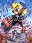  1boy aura blonde_hair blue_sky closed_mouth goggles gun highres holding holding_gun holding_weapon male_focus mohawk moromi_(kscd4482) octoling octoling_boy octoling_player_character range_blaster_(splatoon) shoes short_hair sky smile solo splatoon_(series) splatoon_3 standing tentacle_hair weapon 