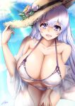  1girl azur_lane bikini bow bow_bikini breasts covered_nipples eyebrows_visible_through_hair hat huge_breasts ibara_azuki leaning_forward light_purple_hair long_hair looking_at_viewer multiple_straps official_alternate_costume open_mouth purple_eyes rodney_(azur_lane) rodney_(future_beach_admiral)_(azur_lane) see-through skindentation solo straw_hat sun_hat swimsuit swimwear white_bikini 