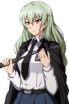  1girl absurdres alternate_hairstyle anchovy_(girls_und_panzer) anzio_school_uniform belt black_belt black_cape black_necktie blue_skirt cape closed_mouth commentary dress_shirt emblem frown girls_und_panzer green_hair hair_down highres holding_riding_crop long_hair long_sleeves looking_at_viewer miniskirt necktie omachi_(slabco) pleated_skirt red_eyes riding_crop school_uniform shirt simple_background skirt solo standing white_background white_shirt wing_collar 