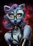  amber_eyes anthro clothing collar eyewear girly glasses gloves handwear hi_res latex_gloves latex_harness male mammal procyonid raccoon simple_background size-queen-sedgewick solo spiked_collar spikes 
