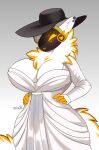 alcina_dimitrescu anthro big_breasts bow_experiment_(resident_evil) breasts capcom clothed clothing cosplay curvy_female curvy_figure digital_media_(artwork) dress female flat_colors fluffy fur hair hat headgear headwear heart_symbol hi_res huge_breasts juno_(my_furry_protogen) legwear looking_at_viewer machine piercing protogen protogen_visor resident_evil seductive simple_background sketch solo sun_hat tail thick_thighs thigh_highs wide_hips zhadart