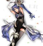  1girl aqua_(kingdom_hearts) armpits bike_shorts black_corset black_thighhighs blue_eyes blue_hair breasts closed_mouth corset detached_sleeves fingerless_gloves gloves highres keyblade kingdom_hearts kingdom_hearts_birth_by_sleep lips looking_at_viewer mikuroron short_hair simple_background smile solo thighhighs white_background 