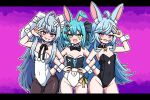  3girls :3 :d @_@ adapted_costume ahoge animal_ears bandaid bandaid_on_face black_leotard blue_hair blush bow bustier choker clothing_cutout collar covered_navel detached_collar double-parted_bangs fangs fish_hairpin fishnet_pantyhose fishnets flower gradient_background green_ribbon groin hair_between_eyes hair_bow hair_flower hair_ornament hairpin hand_on_own_hip hikimayu indie_virtual_youtuber ink_(inksgirls) krumroll leotard letterboxed light_blue_hair locked_arms long_hair lop_rabbit_ears multicolored_hair multiple_girls nanobites navel_cutout pantyhose para_(vtuber) pink_eyes playboy_bunny pom_pom_(clothes) purple_bow rabbit_ears red_eyes ribbon sharp_teeth short_hair sidelocks smile star_(symbol) star_choker streaked_hair teeth very_long_hair virtual_youtuber w w_over_eye white_leotard wrist_cuffs yellow_eyes 