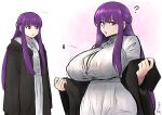  1girl absurdres alternate_breast_size blunt_bangs breasts bursting_breasts button_gap cleavage covered_nipples dress expectations/reality fern_(sousou_no_frieren) flying_button highres huge_breasts long_hair long_sleeves meme nipples popped_button puckered_lips purple_eyes purple_hair sidelocks sousou_no_frieren thick_thighs thighs time_paradox truth videajames white_dress wide_hips 