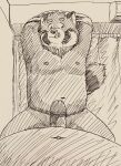  2021 ailurid anthro bedroom belly clothing erection genitals hi_res inside kemono koh_say_ello male male/male mammal moobs navel nipples overweight overweight_male penis red_panda shirt solo_focus tongue tongue_out topwear undressing young 