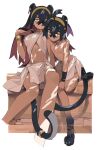  1boy 1girl alternate_costume animal_ears animal_feet black_hair breasts brother_and_sister carmine_(pokemon) choker closed_mouth crossed_bangs earrings english_text extra_ears gold_choker hand_in_own_hair highres jewelry kieran_(pokemon) knifedragon long_hair looking_at_viewer medium_breasts mole mole_on_neck pokemon pokemon_sv purple_hair red_hair siblings simple_background sitting tail tan topless_male white_background yellow_eyes 