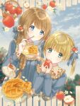  2girls :q apple apple_hair_ornament apple_pie aqua_eyes arms_up bangs basket blonde_hair blue_dress blue_eyes blue_sky blurry blurry_background braid braided_ponytail brown_hair cloud cup day dress eating expressionless eyebrows_visible_through_hair flower food food_themed_hair_ornament fork fruit hair_flower hair_ornament hair_ribbon holding holding_food holding_fork holding_fruit holding_plate konpeito1025 light_blush long_hair long_sleeves multiple_girls orchard original outdoors pie_slice plate ribbon saucer shiny shiny_hair short_hair sky smile spatula symbol_commentary teacup tongue tongue_out two_side_up white_flower 