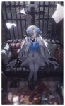  1girl 3d_background absurdres antique_phone arm_support black_footwear blue_eyes blue_flower blurry blurry_foreground border camera closed_mouth commentary corded_phone couch dress flower flying_paper from_above gate grey_hair hair_flower hair_ornament hair_over_one_eye highres holding holding_phone isekai_joucho juliet_sleeves kamitsubaki_studio long_hair long_sleeves looking_at_viewer one_eye_covered pale_skin pantyhose paper phone pillow puffy_sleeves rotary_phone shiyashiki sitting smile solo symbol-only_commentary talking_on_phone two-tone_dress very_long_hair virtual_youtuber white_border 