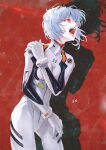  1girl absurdres arm_across_chest ayanami_rei blue_hair bodysuit breasts cowboy_shot eyebrows_hidden_by_hair from_side furrowed_brow hei_mao_dan_dan highres legs_up looking_to_the_side neon_genesis_evangelion open_mouth red_background red_eyes shadow short_hair silhouette small_breasts solo standing white_bodysuit 