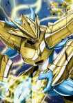  armor blue_skin colored_skin damaged digimon digimon_(creature) dragon electricity fewer_digits gold_armor gold_helmet highres injury magnamon rapidmon_(armor) sawa_d shoulder_armor tail trait_connection 
