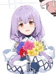  1girl :d atsuko_(blue_archive) blue_archive blue_gloves blush bouquet clearite flower gloves halo long_hair looking_at_viewer off_shoulder purple_hair red_eyes simple_background smile white_background 